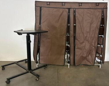 Portable Brown Fabric Wardrobe Closet, 10-Shelf Storage + Adjustable Rolling Overbed Table, Black