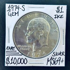 1974-S Eisenhower Silver Dollar $1, San Francisco Mint, 40% Silver, MS69+ Hand-Graded