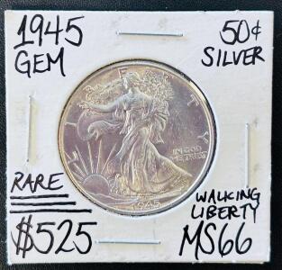 1945 Walking Liberty Half Dollar 90% Silver, MS66, Philadelphia, GEM BU, 50c US Coin