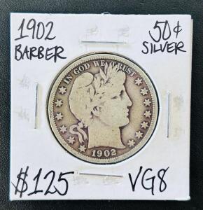1902 Barber Half Dollar Silver Coin, VG8 Grade, 90% Silver Composition