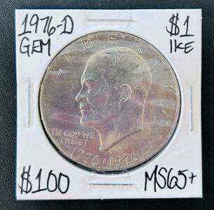 1976-D Eisenhower Dollar Coin, Bicentennial, Denver Mint, $1, MS65+ GEM, Copper-Nickel, 38.1mm