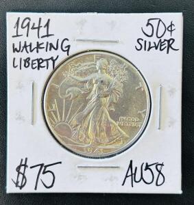 1941 Walking Liberty Half Dollar AU58, 90% Silver, Philadelphia, 30.6mm, 13.89g