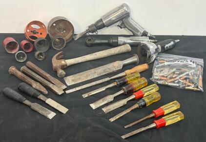 Mixed Lot: Black & Decker Air Hammer, Pneumatic Tools, Stanley Chisels, Hole Saws, Clecos