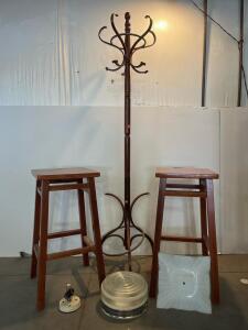 Vintage Bentwood Hat Coat Rack With Umbrella Holder & 2 Wooden 29" Bar Stools Set, Vintage Ceiling Light Fixtures, 2 Styles: Round Ribbed Glass (12"), Square White Glass (11")