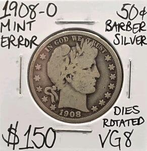 1908-O VG8 Mint Error Barber Silver Half Dollar