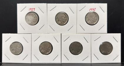 (7) Piece Buffalo Nickel Indian Head Five Cents Set - No Date, Heavy Circulation, US Coin, Bison Reverse