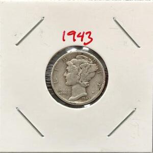 1943 Mercury Dime, 90% Silver, Philadelphia Mint, Circulated, Adolph Weinman Design