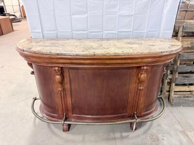 Elegant Home Bar Cabinet with Marble Top, Brass Foot Rail, and Carved Wooden Accents