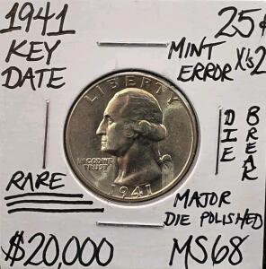 1941 MS68 RARE Key Date Mint Error Xs Two Quarter