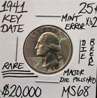 1941 MS68 RARE Key Date Mint Error Xs Two Quarter
