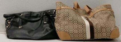Coach Heritage Stripe Duffle Large Tote F13813 Tan Signature Canvas, Black Leather Satchel
