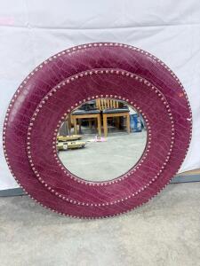 Round Faux Croc Leather Wall Mirror with Studded Frame, 36" Diameter