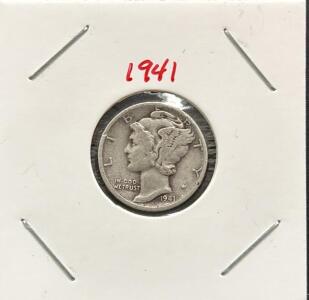 1941-D Mercury Dime 90% Silver, Denver Mint, Winged Liberty Head, Circulated, in 2x2 Holder