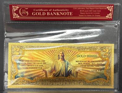 24K Gold-Plated $2 Commemorative Banknote with Religious Imagery and COA