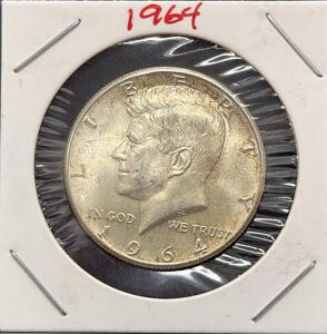 1964 Kennedy Half Dollar, 90% Silver, First Year of Issue, Circulated, US Coin