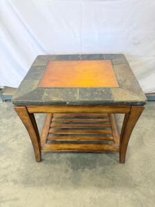Square Slate Top End Table with Lower Shelf &ndash; Wood Base, Transitional Style, 24"x24"x22"