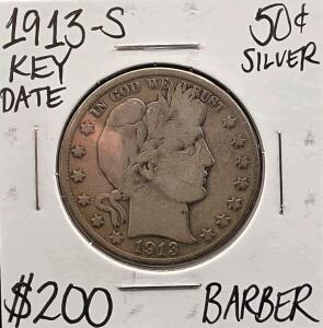 1913-S Key Date Barber Silver Half Dollar
