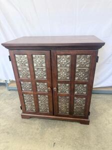 Decorative Wood Cabinet with Embossed Metal Doors, 36"x16"x36", 2 Doors, Dark Finish