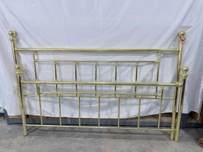 Queen Brass Headboard and Footboard Set with Vertical Rod Design and Finials