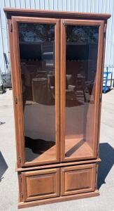 Tall Two-Door Display Gun Cabinet, Lockable Glass & Wood Doors, Medium Brown Finish