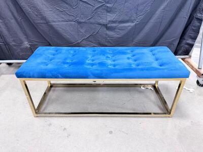 Modern Blue Velvet Bench with Gold Metal Base, Button-Tufted, Approx. 48" x 18" x 18"