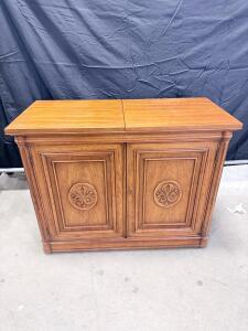 Vintage Wooden Credenza with Ornate Carved Doors and Keyhole Lock