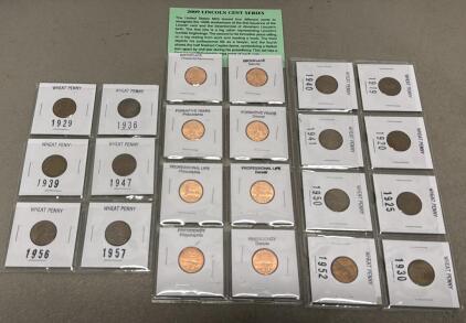 Assorted Lincoln Wheat Cents 1919&ndash;1957 & 2009 Bicentennial Set Philadelphia Denver Mint