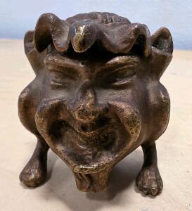 Antique Bronze/Brass Gargoyle Figural Inkwell, Hinged Lid, Circa 1880&ndash;1920, Patinated Finish
