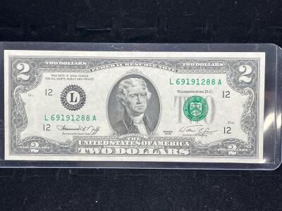 1976 $2 Federal Reserve Note, San Francisco L District, Serial L69191288A, Jefferson Portrait
