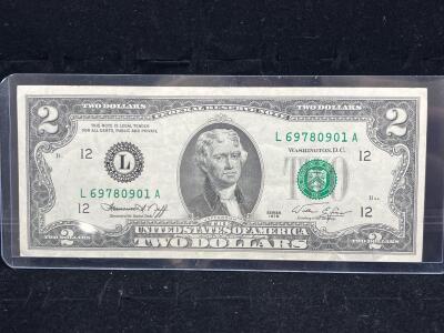 1976 $2 Federal Reserve Note, Serial L69780901A, San Francisco District, Crisp Condition