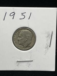 1951 Roosevelt Dime, 90% Silver, U.S. 10 Cent Coin