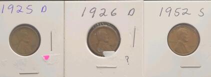 Set of 3 Lincoln Wheat Pennies: 1925-D, 1926-D, 1952-S, Circulated, Denver & San Francisco Mints