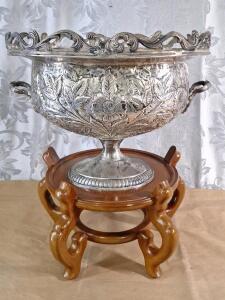 (1l Large Decorative Oval Metal Bowl, 15" Diameter x 12"T & (1) 5-Legged Wooden Stand 10" Diameter x 7"T