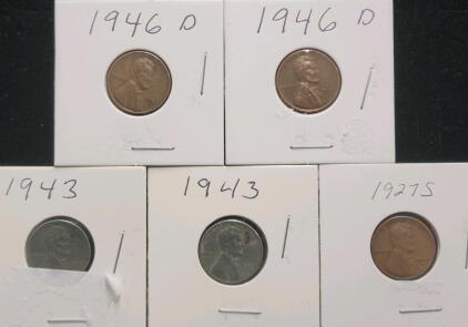 1927-S, 1943, 1946-D Lincoln Wheat Cents - Bronze & Steel Pennies - Lot of 5