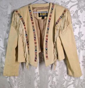 (1) Vintage Diamond Leathers Western-Style Suede Jacket Featuring Intricate Colorful Beadwork & Long Fringe, Size 12.