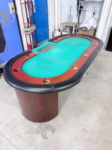 10-Player Casino Poker Table Oval, Dealer Position, 10 Cup Holders, Padded Rail, Wood Pedestal Base