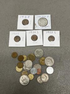 (1)-1952,(3)-1952 Lincoln Wheat Cent Penny, US, Bronze, Philadelphia Mint, Heavy Circulation (1)1776-1976D Kennedy Half Dollar and (20)- non-US currency