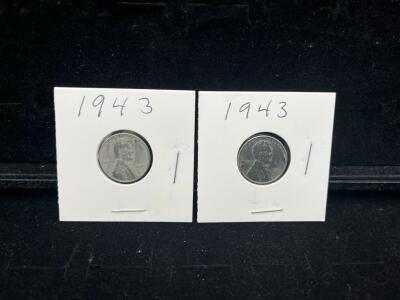 (2) 1943 Lincoln Steel Wheat Penny, WWII Emergency Issue, Zinc Coated, U.S. Cent, 2x2 Flip Holder
