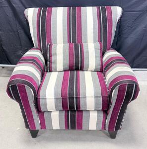 Modern Upholstered Armchair with Multi-Color Striped Fabric and Matching Lumbar Pillow