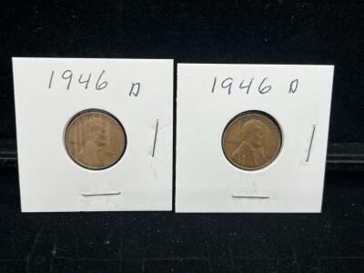 (2) 1946-D Lincoln Wheat Cent Penny, Denver Mint, Set of 2, Copper, Average Circulated