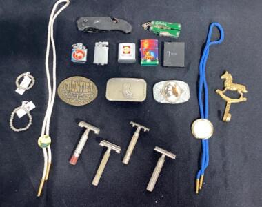 Vintage Men's Western Lot &ndash; Gillette Razors, Zippo Lighters, Frontier Buckles, Bolo Ties USA