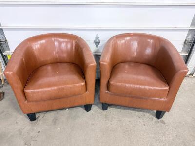 Pair of Barrel Club Chairs, Leather Upholstery, Wood Legs, Removable Seat Cushions