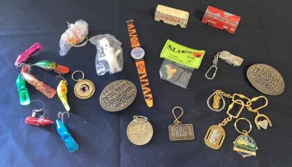 Vintage Collectibles Lot: Frontier Belt Buckles, Kellogg&rsquo;s Watch, Lures, Buses, Keychains, Pogs