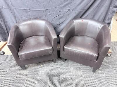 Pair of Dark Brown Faux Leather Barrel Club Chairs, Wood Frame, 29" Width, Contemporary Style