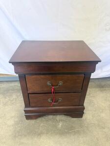 Traditional 2-Drawer Wood Nightstand, Dark Brown Finish, Bail Pull Handles, Approx. 24"x17"x26"