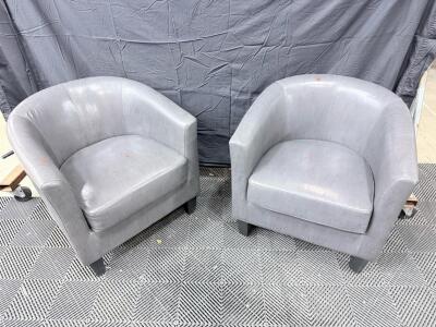 Pair Gray Faux Leather Barrel Club Chairs, Wood Legs, 29"x27"x30" Comfortable Seating