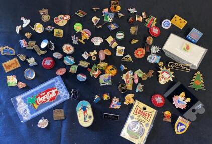 Large Lot of 80+ Collectible Lapel & Enamel Pins: Coca-Cola, Looney Tunes, Brands, Events