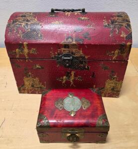 Set of 2 Chinese Red Lacquer Jewelry Boxes with Gold Designs and Metal Hardware