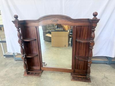 Vintage Solid Wood Dresser Mirror Frame with Shelves, Turned Columns, Decorative Crest, 54"x48"
