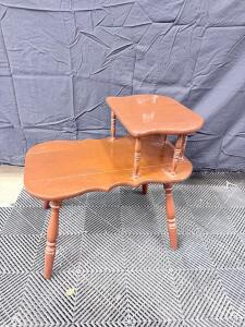 Vintage Two-Tier Step End Table with Spindle Legs, Scalloped Edge, 28"x18"x23", Brown Wood